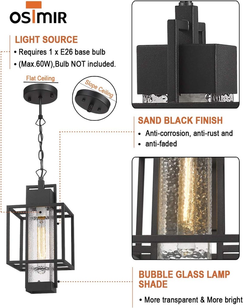 Osimir Outdoor Pendant Light, 16" 1-Light Large Hanging Porch Light Fixtures, Modern Black Outside Chandelier Lantern Lighting with Bubble Glass for Porch Gazebo Entryway, 2375/1HL - Image 1